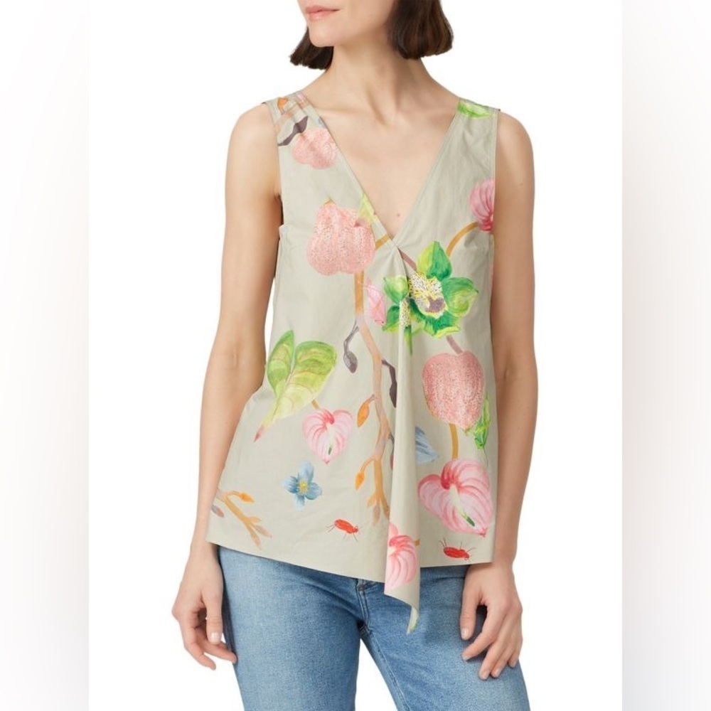 TIBI Floral V-Neck Sleeveless Pleated Front Cotton Poplin Blouse Top NWOT Size 6
